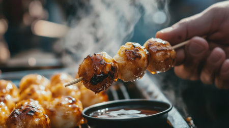 A close-up of grilled meat skewers with a glossy glaze, served with a dipping sauce. The outdoor cooking scene captures the delightful aroma and smoky flavor.の素材