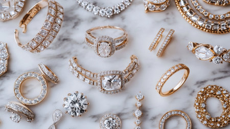 A stunning display of various elegant jewelry pieces featuring sparkling diamonds and gold accents. Perfect for showcasing luxurious fashion accessories.の素材