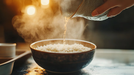 A warm bowl of steaming rice is shown as water is poured into it. This image captures the essence of home cooking and the comfort of a delicious meal.の素材