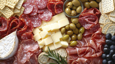 A beautifully arranged gourmet cheese and charcuterie board featuring a variety of meats, cheeses, olives, and crackers, perfect for entertaining.の素材