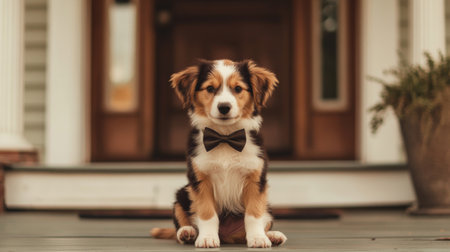 A charming puppy wearing a stylish bow tie sits gracefully on the porch steps, exuding cuteness and charm. Perfect for pet lovers and animal photography.の素材
