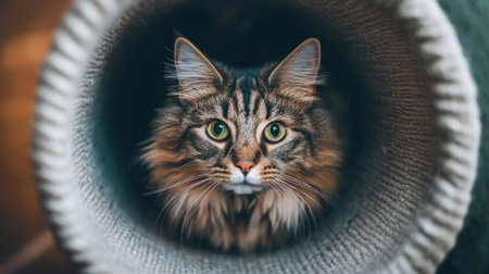 A curious cat peering from inside a cozy tunnel, showcasing its striking green eyes and fluffy fur. Perfect for animal lovers and pet enthusiasts.の素材
