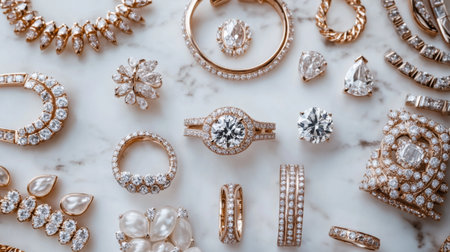 A stunning array of elegant jewelry pieces including rings, bracelets, and earrings displayed beautifully on a marble surface, exuding luxury and sophistication.の素材