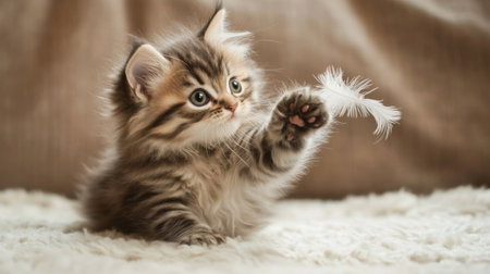 A fluffy kitten playfully reaches for a feather toy, showcasing its natural curiosity and innocence. This adorable moment captures the joy of young pets.の素材