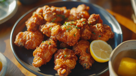 A vibrant plate of crispy fried chicken garnished with fresh herbs and a slice of lemon, perfect for a delicious meal or snack option.の素材