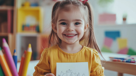 A joyful girl holds her colorful artwork in a bright, creative space. Her smile radiates happiness, showcasing childhood innocence and artistic expression.の素材