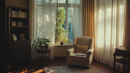 A serene living room bathed in natural sunlight featuring a cozy armchair and lush greenery, perfect for relaxation and enjoying a tranquil atmosphere.の素材