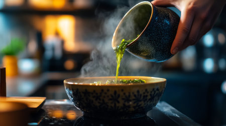 A serene moment capturing the beauty of pouring fresh green tea into a bowl, showcasing steam and rich colors in a cozy kitchen setting.の素材