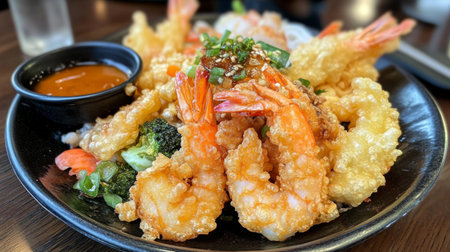 A vibrant plate of crispy fried shrimp served with fresh vegetables and a dipping sauce. Perfect for seafood lovers looking for a delicious meal.の素材