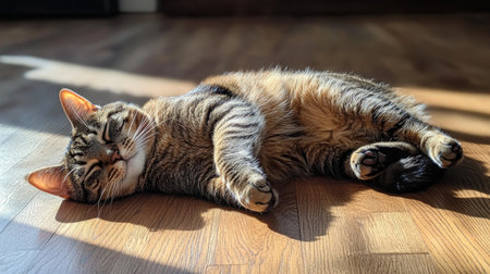 A serene tabby cat sprawled out on a wooden floor, basking in sunlight. This cozy scene captures the essence of relaxation and comfort in a home setting.の素材