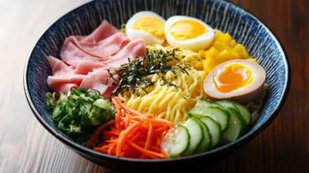 A vibrant ramen bowl filled with fresh ingredients like ham, eggs, and vegetables. Perfect for a delicious meal or food photography showcase.の素材