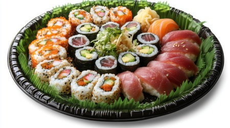 A vibrant sushi platter featuring an array of rolls and fresh fish, perfect for gatherings or celebrations, showcasing Japanese culinary artistry and flavor.の素材