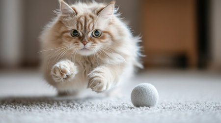 A playful cat jumps towards a ball on a soft carpet, showcasing its agility and curiosity. The scene captures the joy of feline playfulness in an indoor setting.の素材