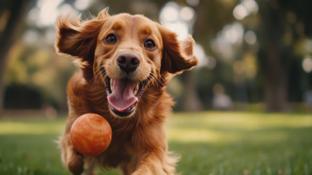 A joyful golden retriever running after a ball in a sunny park, embodying the spirit of playfulness and connection between pets and nature.の素材