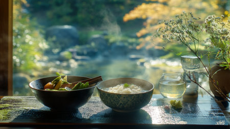 Experience a serene setting with a beautifully arranged Japanese meal, featuring rice and fresh vegetables, enjoyed in a tranquil natural environment.の素材