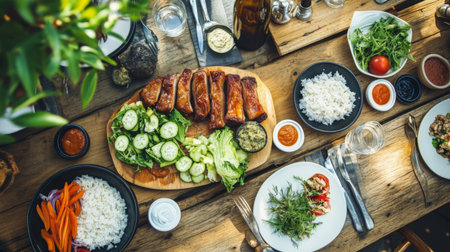 A vibrant collection of fresh dishes beautifully arranged on a rustic wooden table, perfect for a summer gathering or festive occasion. Enjoy the flavors!の素材
