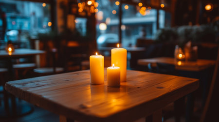 A warm and inviting scene featuring candles on a rustic wooden table, perfect for creating a cozy atmosphere in a dimly lit cafe or restaurant.の素材