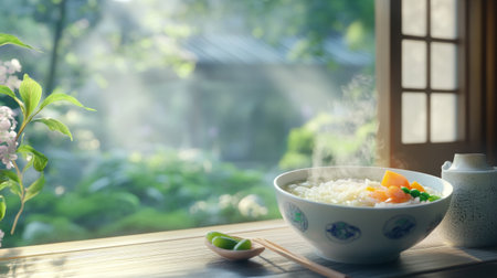 A steaming bowl of rice with colorful vegetables sits on a wooden table, illuminated by soft sunlight, creating a serene dining atmosphere amidst nature.の素材