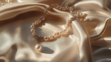 A stunning pearl necklace elegantly draped on soft satin fabric, showcasing luxury and sophistication. Perfect for fashion and jewelry themed projects.の素材