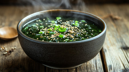 A steaming bowl of fresh green soup garnished with herbs and seeds. Ideal for showcasing healthy eating, vibrant colors, and delicious flavors.の素材