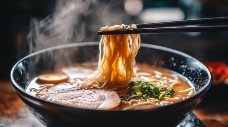 Enjoy a steaming bowl of ramen noodles served with flavorful broth, fresh toppings, and chopsticks. Perfect for food lovers and culinary enthusiasts.の素材
