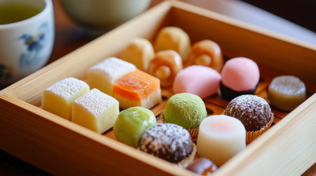 A beautiful arrangement of traditional Japanese sweets displayed in a wooden box, showcasing a variety of colors and textures, perfect for tea time.の素材
