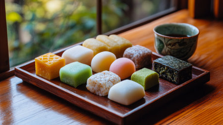 A beautiful arrangement of colorful Japanese sweets on a wooden tray, paired with a cup of tea. This image captures the essence of tradition and culinary artistry.の素材