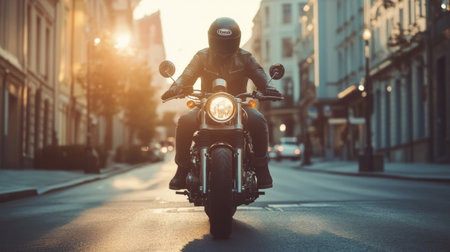 A rider on a motorcycle cruises through a city street at sunset, capturing the essence of freedom and adventure in a modern urban environment.の素材