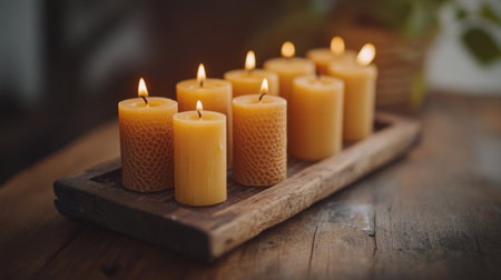 A beautiful arrangement of warm honey-colored candles on a rustic wooden tray creates a cozy and inviting ambiance, perfect for relaxation or decor.の素材