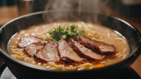 A steaming bowl of ramen featuring tender pork slices, green onions, and savory broth, perfect for a cozy and flavorful dining experience.の素材