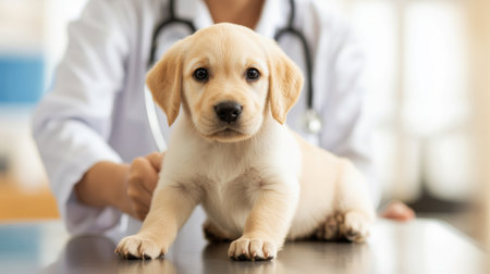 This charming puppy is at a veterinary clinic for a checkup. The scene captures the loving bond between pets and their caregivers in a health-focused environment.の素材