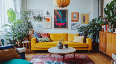 A cozy living room featuring a vibrant yellow sofa surrounded by indoor plants and colorful artwork. The space radiates warmth and creativity, making it perfect for relaxation.の素材