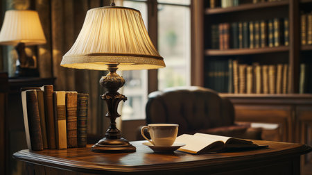 A cozy reading nook featuring a vintage lamp, a stack of books, and a steaming cup of coffee, perfect for a warm and inviting atmosphere.の素材