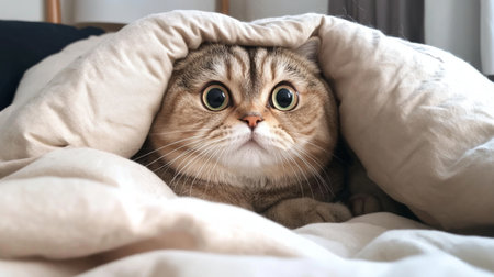 A curious cat peeks out from under a blanket, showcasing its surprised expression and big eyes. This cozy and adorable scene captures the warmth of domestic life.の素材