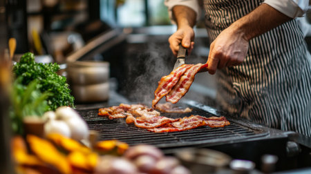 A chef skillfully cooks bacon on a sizzling grill, surrounded by fresh ingredients in a vibrant kitchen. The steam and aroma enhance the culinary experience.の素材