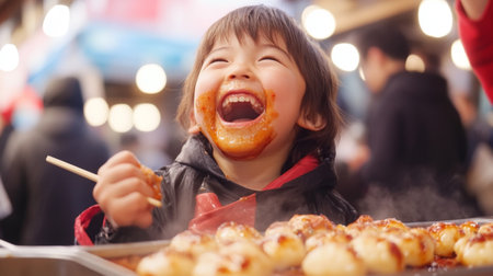 A cheerful child laughs joyfully while eating delicious street food, showcasing a vibrant market atmosphere filled with flavor and excitement.の素材