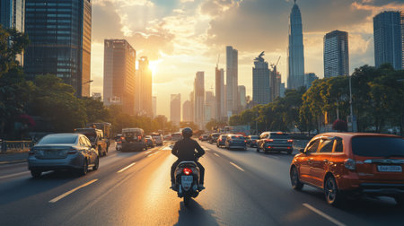 A rider on a motorcycle navigates through vibrant city traffic during a stunning sunset. The skyline showcases modern architecture and urban energy, ideal for travel and lifestyle themes.の素材