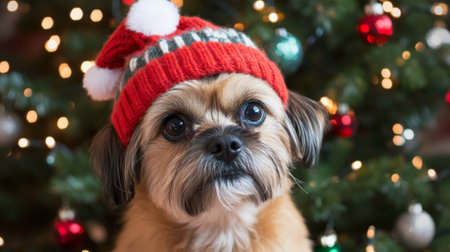 A charming dog wearing a red holiday hat sits in front of a beautifully decorated Christmas tree, capturing the cozy spirit of the festive season.の素材