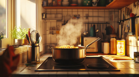 A cozy kitchen scene featuring a steaming pot of pasta on the stove, surrounded by kitchen utensils and a bright, inviting atmosphere perfect for cooking.の素材