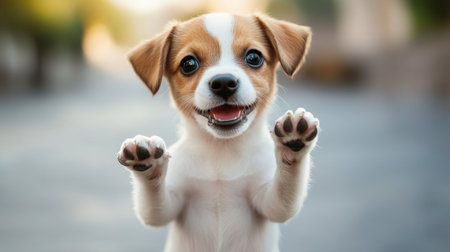 This adorable puppy exudes joy with its playful pose and bright smile. Perfect for themes of happiness, pets, and companionship in any project.の素材