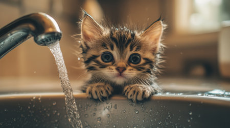 A cute kitten curiously peers from a sink as water flows from a faucet. The playful expression and sparkling eyes capture the pure joy of this adorable moment.の素材