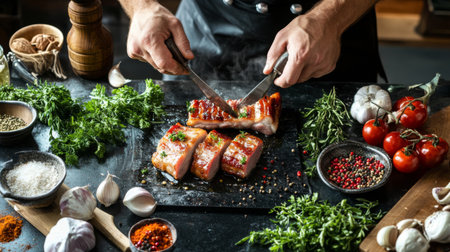 A chef skillfully slices savory grilled meat surrounded by fresh herbs and spices. The rustic setting highlights vibrant ingredients, creating a culinary masterpiece.の素材