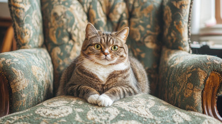 A charming tabby cat lounges on a vintage chair, showcasing its striking green eyes and soft fur. Perfect for pet lovers and home dの素材