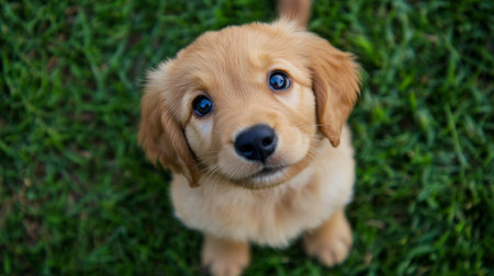 A playful golden puppy sitting on lush green grass, showcasing its adorable features and bright blue eyes, embodying joy and innocence in a natural setting.の素材