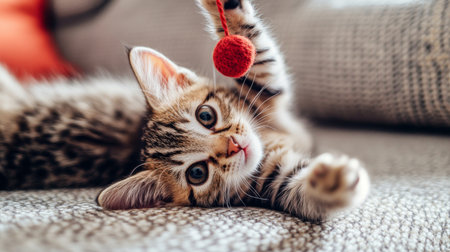 A playful kitten engages with a red toy ball in a cozy indoor setting, showcasing its adorable personality and lively spirit, perfect for pet lovers.の素材