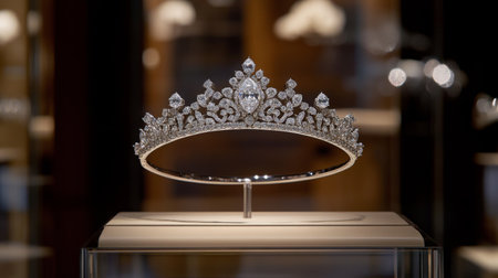 An exquisite diamond tiara elegantly displayed in a luxury showcase. This stunning accessory showcases intricate design and brilliant sparkle, symbolizing grace and royalty.の素材