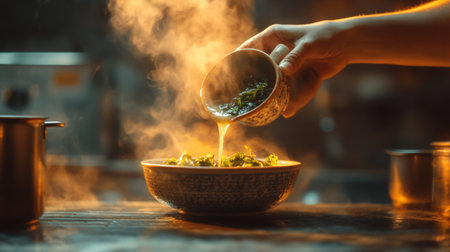 A hand pours liquid over a steaming bowl of fresh green herbs, showcasing the process of cooking in a warm kitchen setting filled with aromatic flavors.の素材