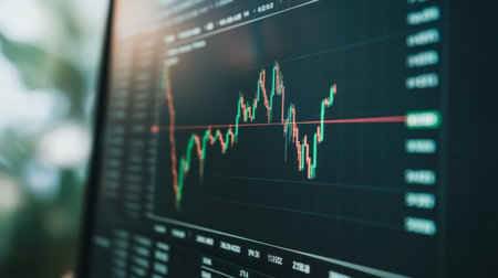 A close-up view of a financial graph displayed on a digital screen, illustrating market trends and fluctuations, perfect for financial analysis and trading.の素材