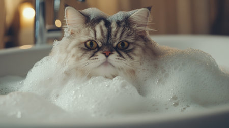 A fluffy cat lounges in a bubble-filled bathtub, embodying relaxation and comfort. This adorable scene captures the cheerful essence of pampered pets.の素材
