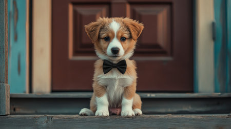 This charming puppy wearing a bow tie sits gracefully on a doorstep, showcasing its adorable features and playful spirit, perfect for any pet-related project.の素材